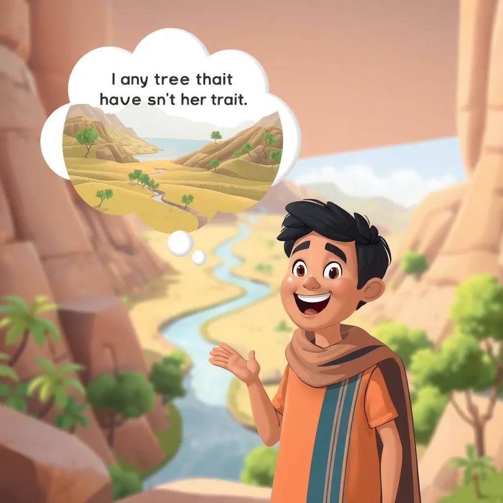 Fahd excitedly talking about the heritage site, with a thought bubble showing the beautiful valley, long water canals, and trees, playful style, child-friendly, inviting, colorful
