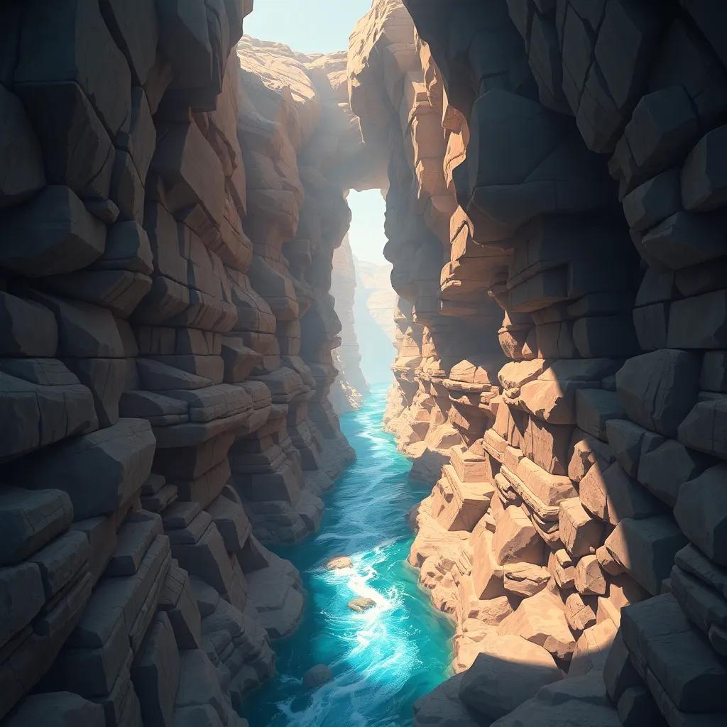 A deep view of Um Al-Falaj, with its amazing depth of over 50 meters, the water flowing through the channels below, detailed and immersive illustration, fantasy and adventure theme