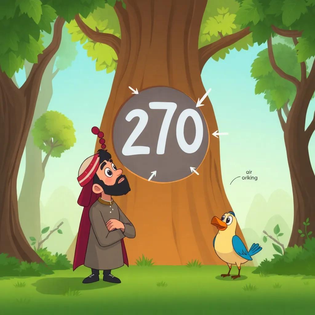 Fahd pondering while looking at the number of air openings (270), depicted with little arrows and labels, surrounded by trees and a friendly bird, educational and fun, vibrant colors, engaging imagery