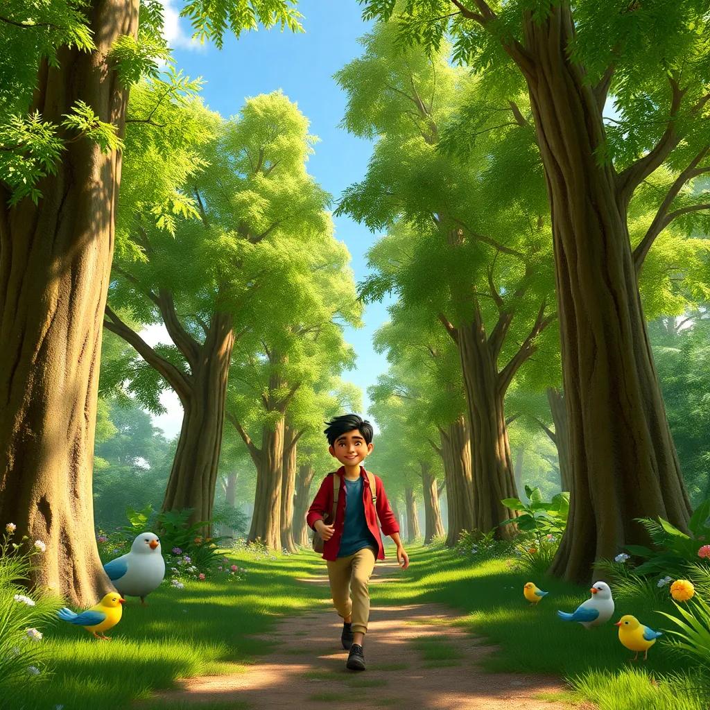 A lush scene of Fahd walking under tall trees, birds chirping nearby and nature thriving, capturing the essence of being in the great outdoors, joyful and colorful, inviting atmosphere