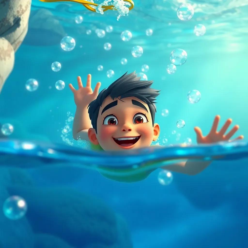 Fahd imagining himself diving into the waters of Um Al-Falaj, with bubbles and joyful expressions, bright and enchanting, children’s adventure theme, immersive and dream-like