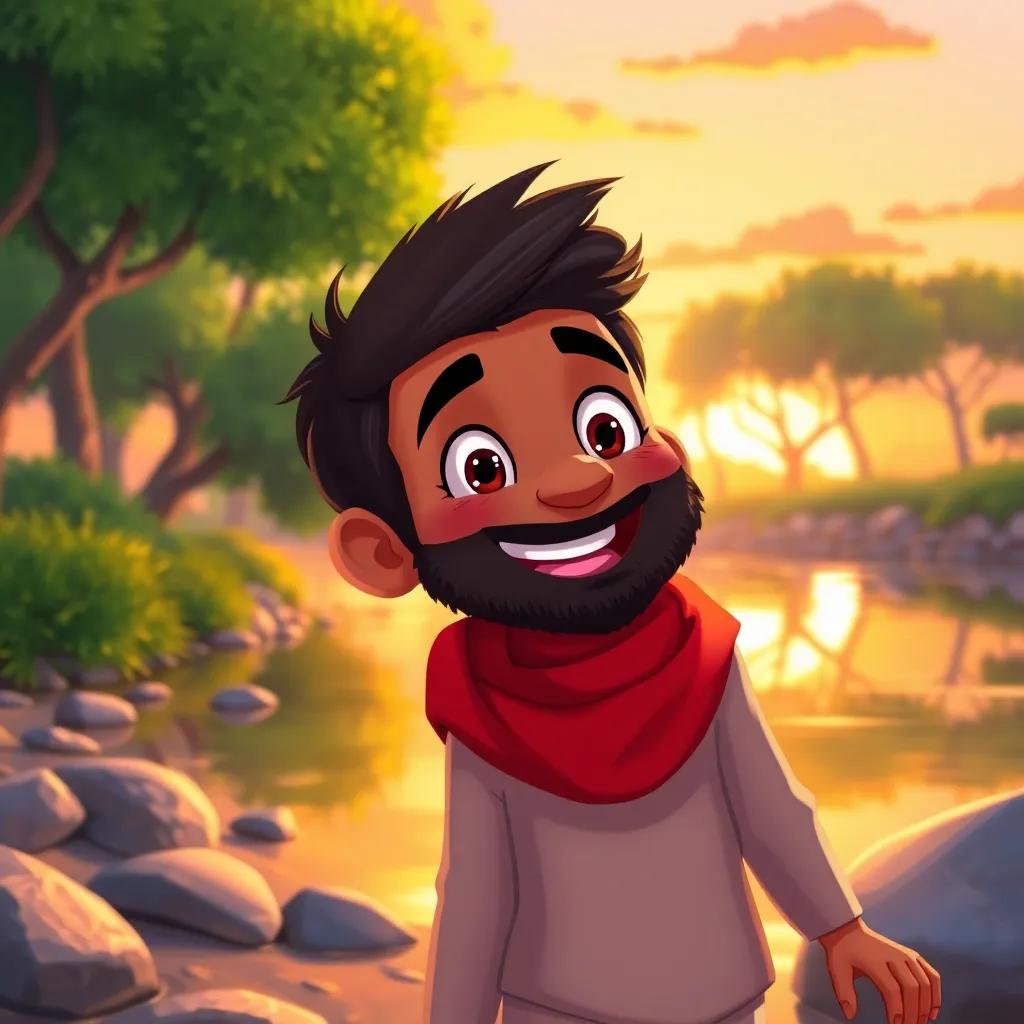 A sunset scene of Fahd enjoying his day beside the river, vibrant colors, trees reflecting in the water, and happy expressions, heartwarming and cheerful illustration, colorful and inviting