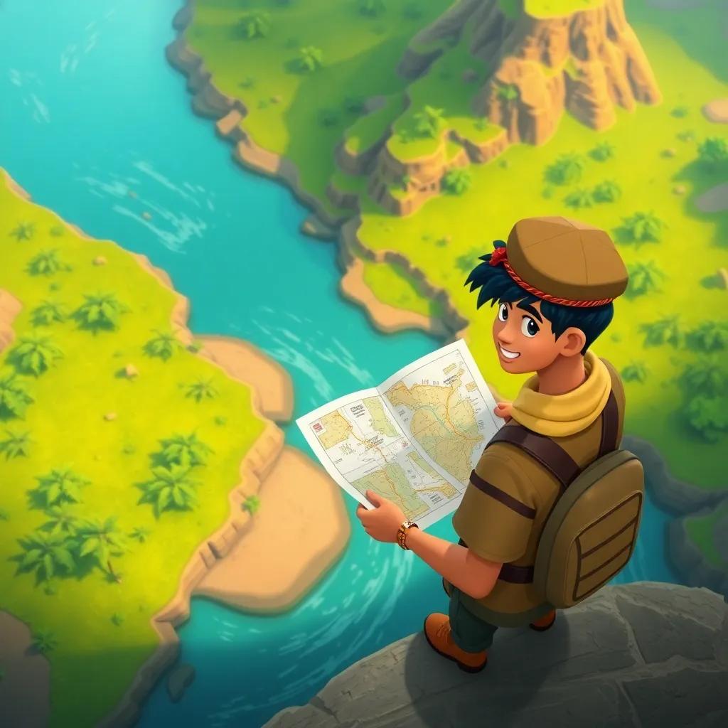 A view of the river from above with Fahd in his scout uniform, holding a map and analyzing the landscape, adventure-driven, colorful, engaging for kids