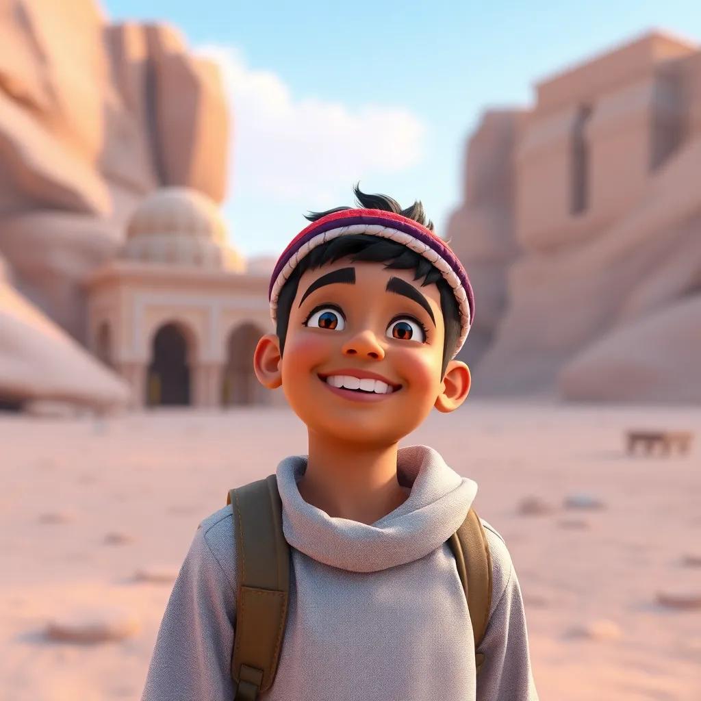 Fahd concluding his day with a big smile as he reflects on all he learned about Um Al-Falaj and its significance, joyful and peaceful imagery, capturing a sense of wonder and discovery