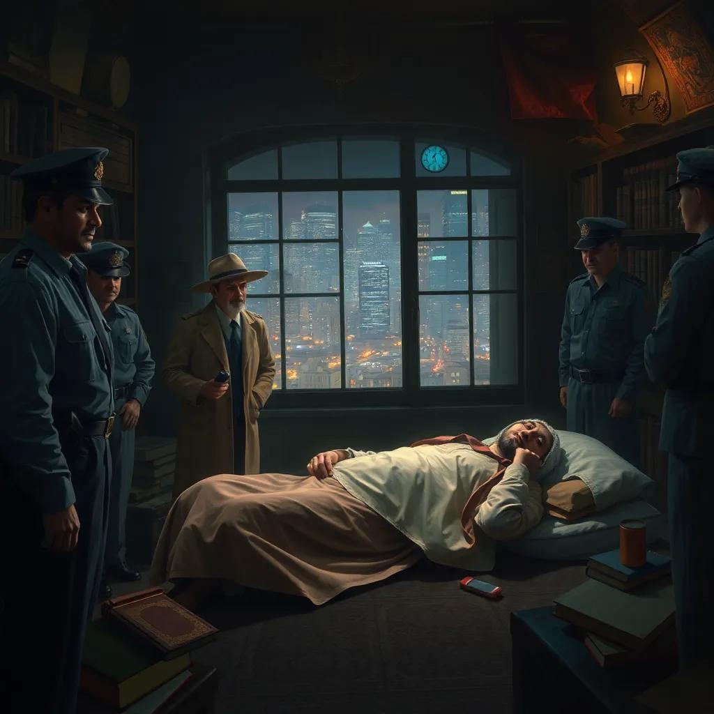 Mysterious crime scene with Fadh in detective clothes, surrounding police officers, a dimly lit room filled with ancient books and the body of Dr. Khalid, vibrant city lights visible through a window, digital art, dramatic lighting, engaging atmosphere