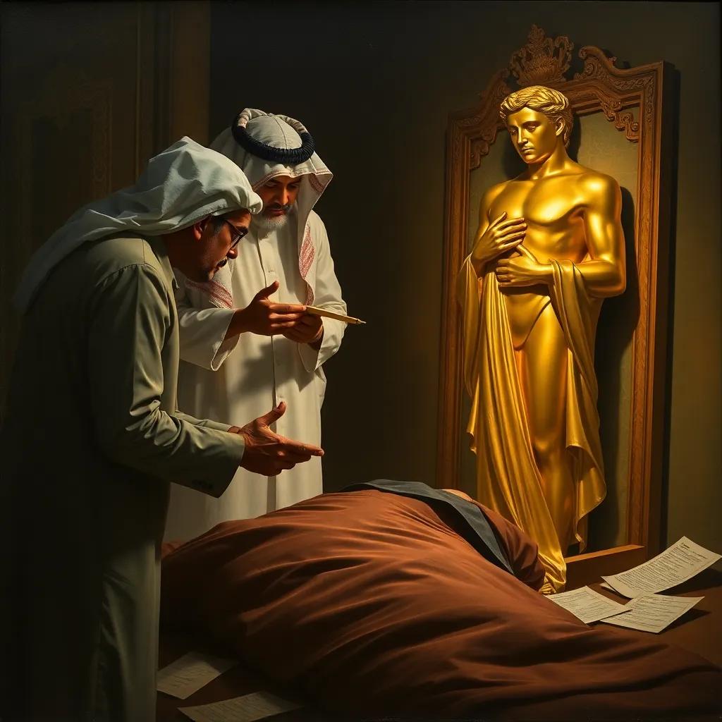 Fadh examining a golden statue next to Dr. Khalid's body, assisting detective Nasser gesturing with surprise, written notes scattered around, dark shadows adding mystery, realistic art, focused on investigation