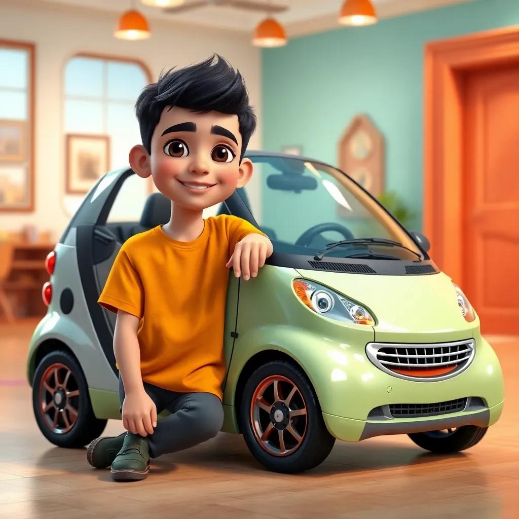 A young Arab boy named Fahd, with short black hair and wearing a bright t-shirt, sitting next to a small, friendly looking smart car that has a smiling face, indoors, cheerful, colorful, vibrant atmosphere, detailed digital art, high quality