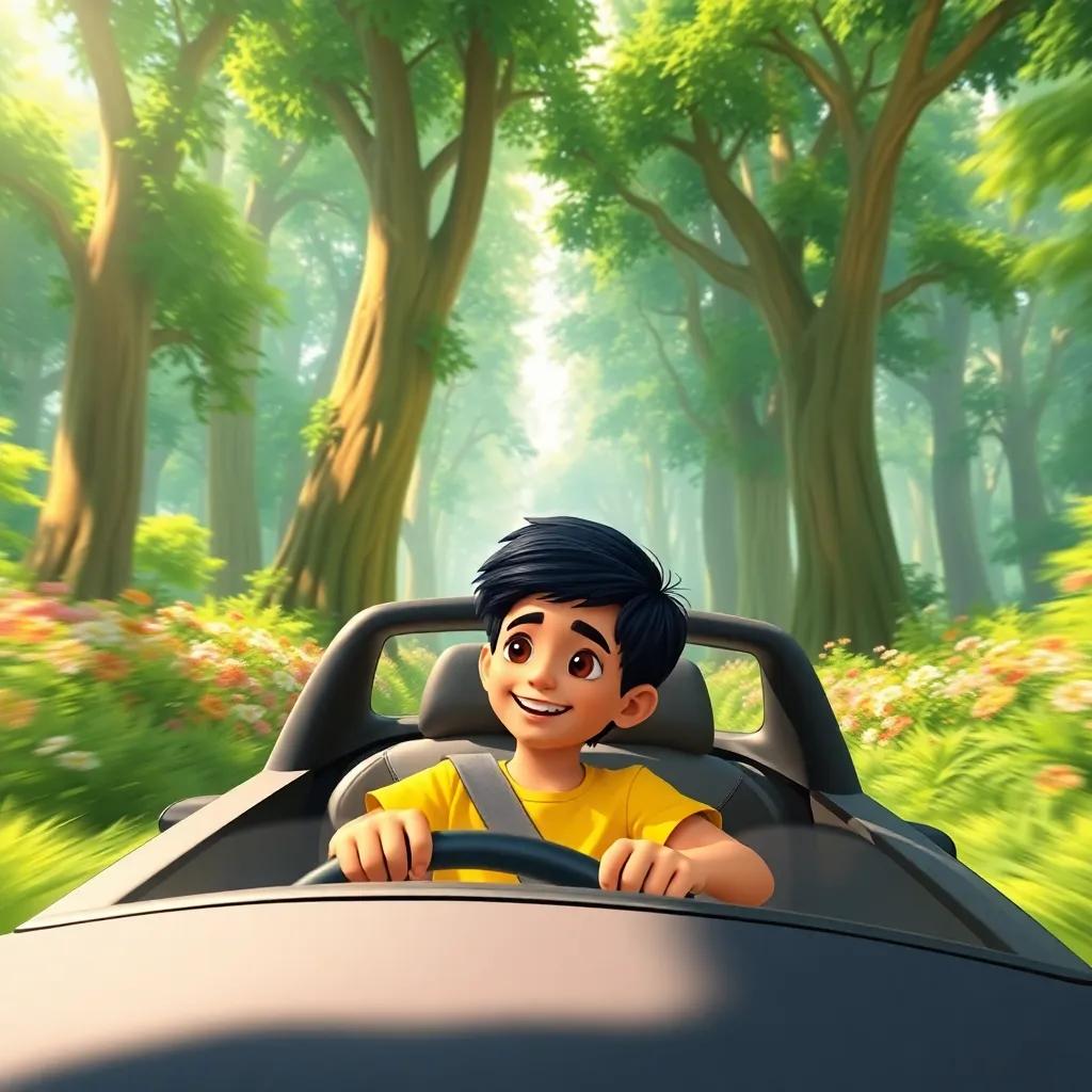 Fahd, a young Arab boy, with short black hair in a bright t-shirt, riding in a smart car entering a lush green forest with towering trees and colorful flowers, bright sunlight filtering through the leaves, digital painting, adventurous, child-friendly