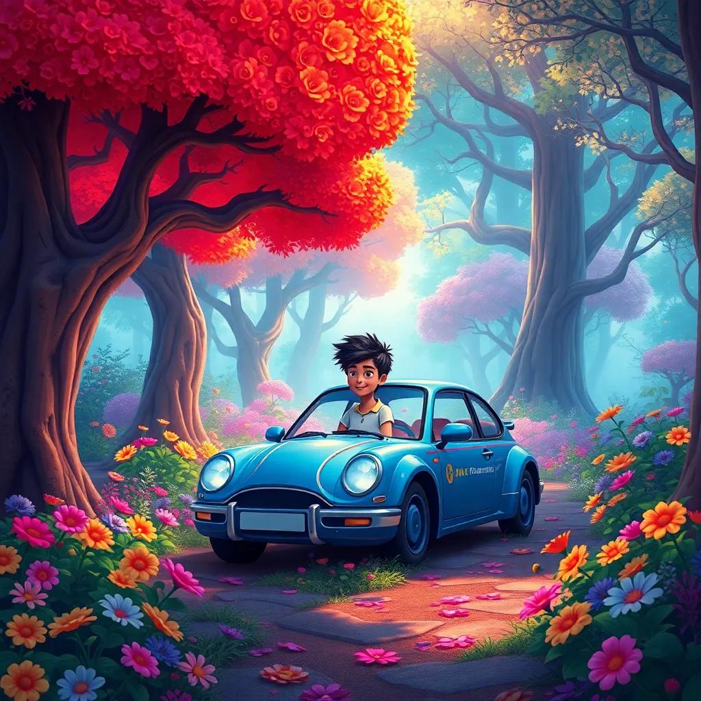 A mystical forest scene with large, colorful trees and whimsical flowers surrounding Fahd and his car, lots of bright colors, magical atmosphere, beautiful, inviting, high quality, detailed illustration
