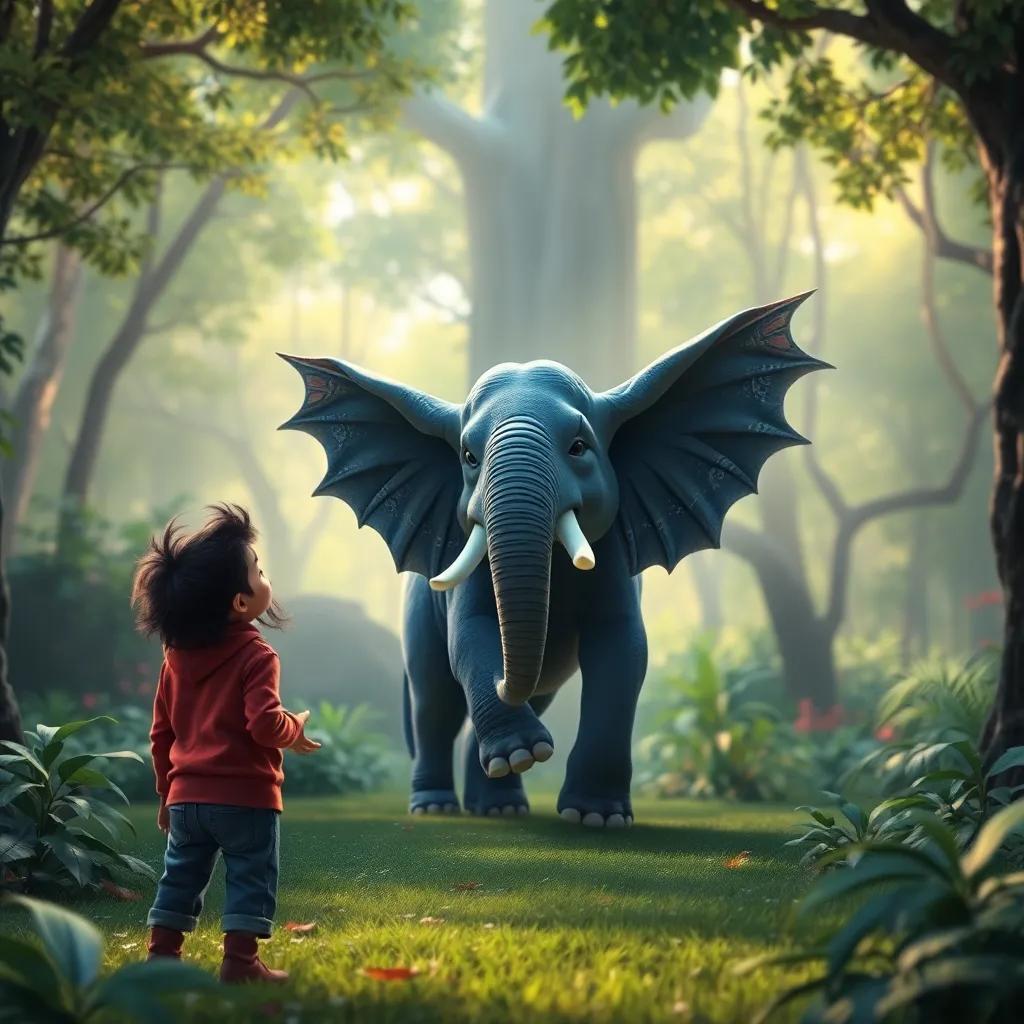 Fahd, excited, looking towards a strange creature that resembles an elephant with wings, in a vibrant clearing of the forest, with soft, dreamy lighting, fantasy style, colorful, high quality