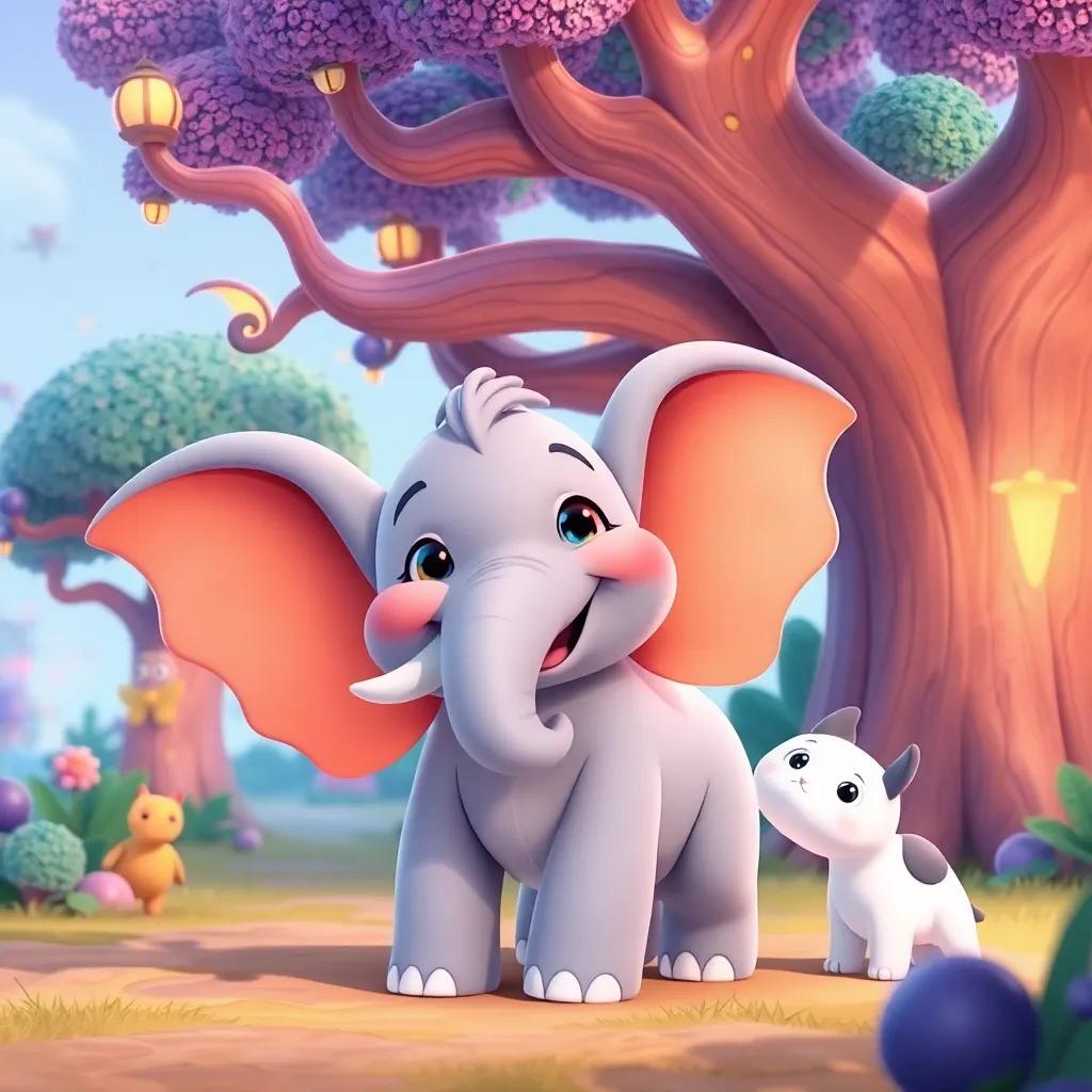 A happy creature named Flex who looks like an elephant with big wings, interacting with Fahd, in a playful environment with enchanted trees and creatures, cartoonish style, cheerful, inviting, high quality
