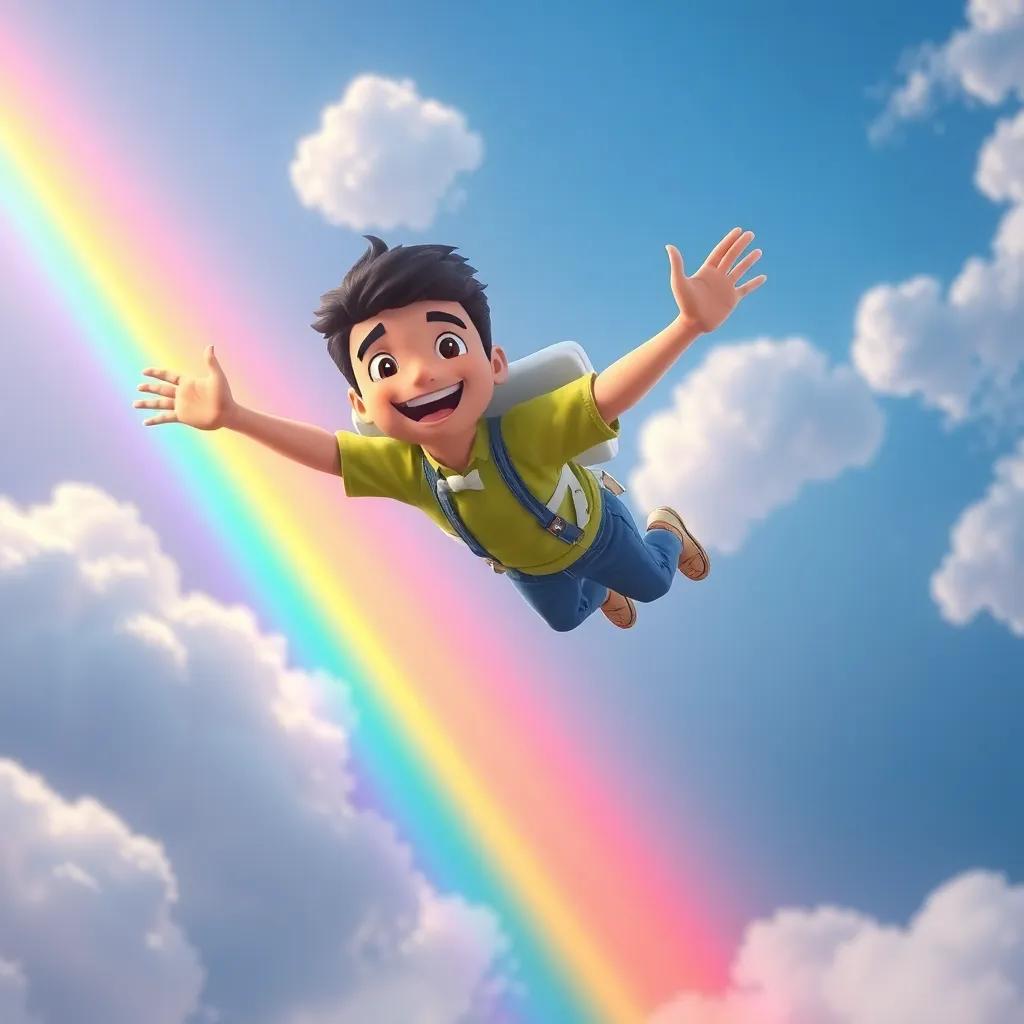 Fahd flying in the sky with Flex, both filled with joy, with a bright rainbow in the background and soft clouds around them, magical atmosphere, high quality, colorful