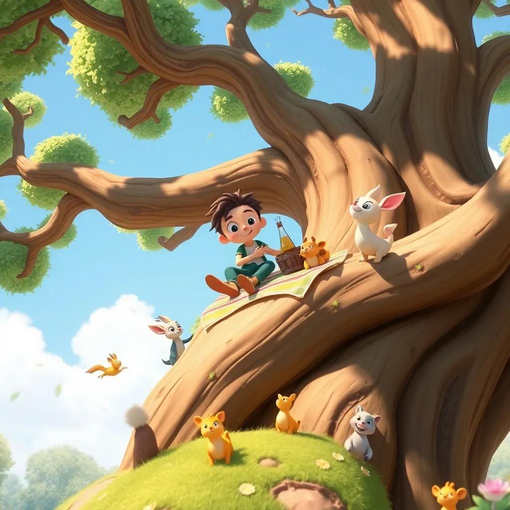 Fahd and Flex landing on top of a giant tree, enjoying a picnic together, surrounded by playful animal friends, bright sunlight, cheerful, whimsical environment, fairy-tale style