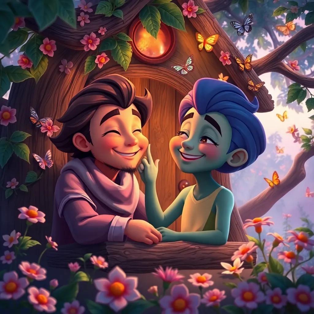 Fahd whispering to Flex, both smiling in a beautiful treehouse, surrounded by flowers and butterflies, evening light filtering through, heartwarming, vibrant colors, high quality