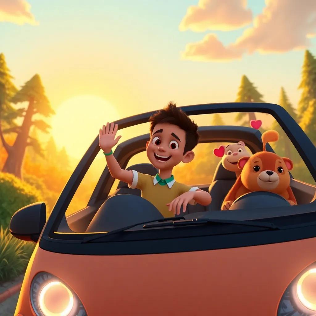 Fahd in the smart car, waving goodbye to Flex and his forest friends, bright sunset behind them, nostalgic, colorful, cheerful ambiance, high quality