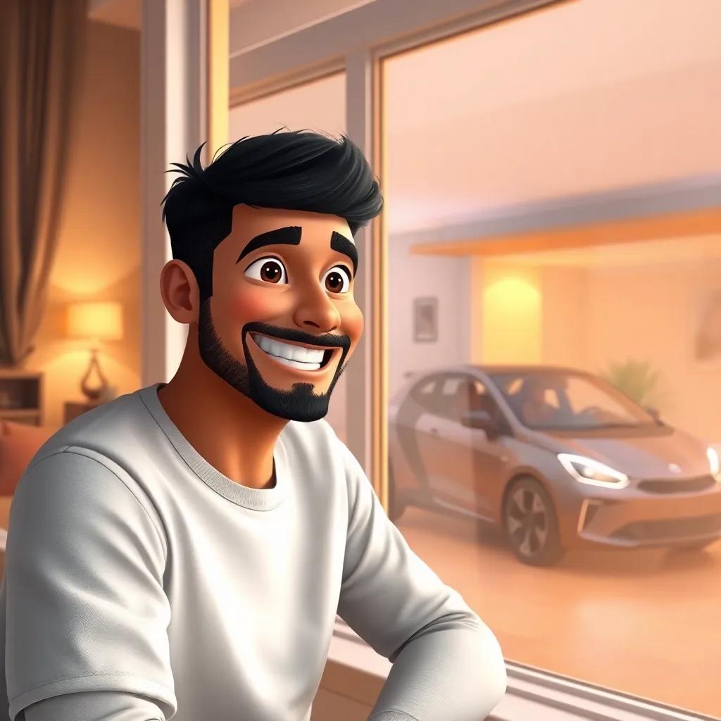 Fahd at home, looking out the window with a big smile, his smart car parked outside, warm light in the room, happy, engaging, high quality