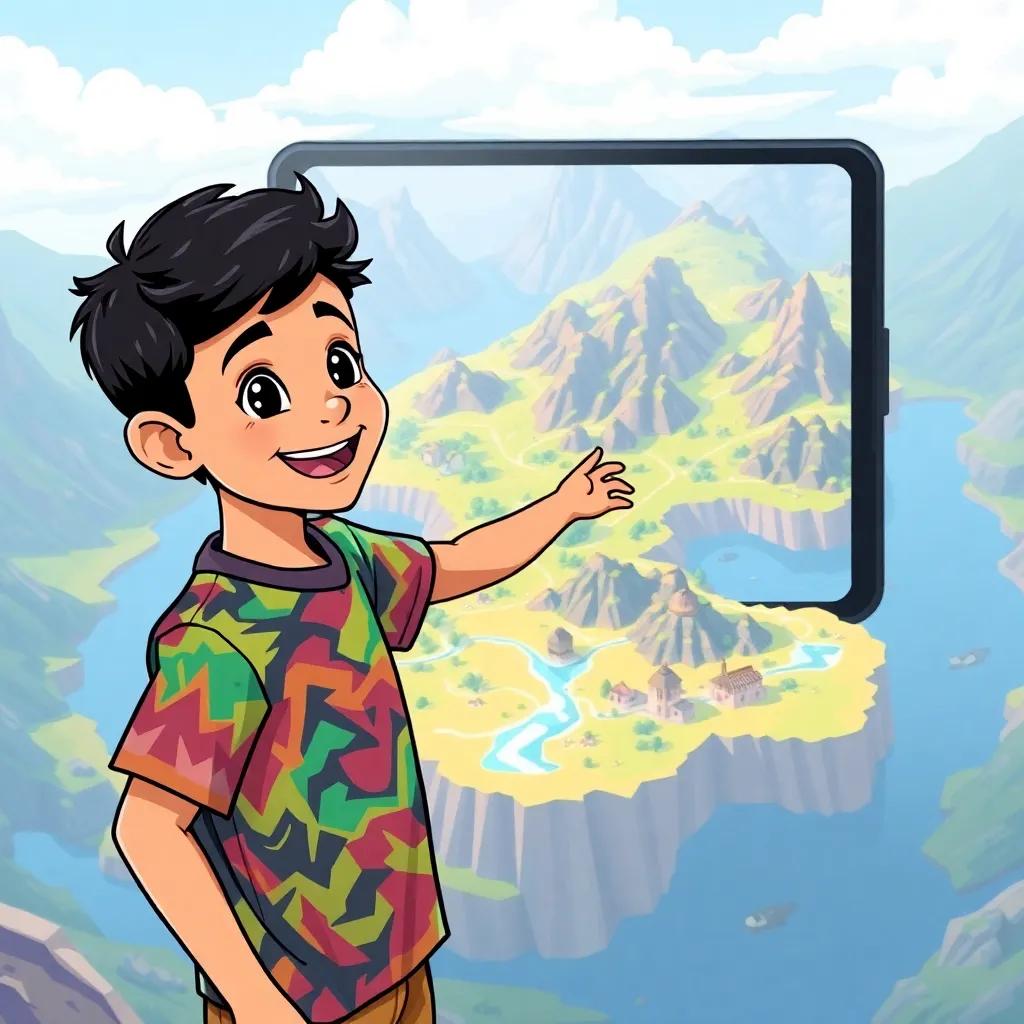 Faisal, a young Arab boy with short black hair in a colorful t-shirt, excitedly exploring a large game map on the screen, showing mountains and lakes, bright colors, fun and adventurous, child-friendly