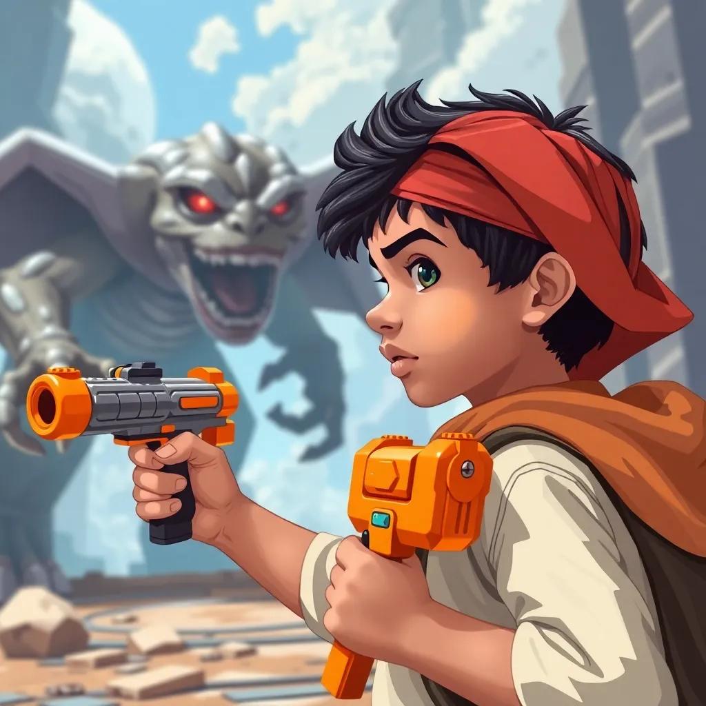 Faisal, a young Arab boy with short black hair, holding an orange and vibrant toy gun, preparing for battle against a virtual monster, action-packed scene, colorful graphics, engaging perspective, high quality