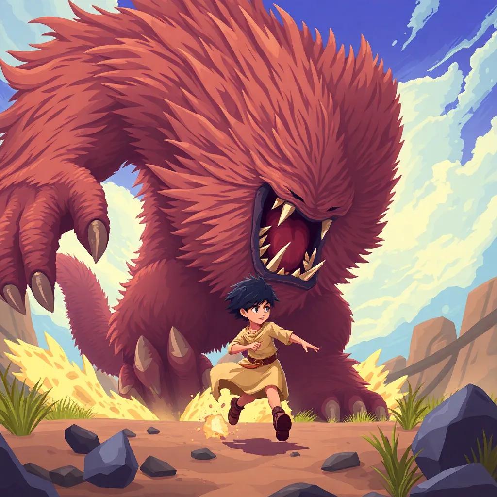 An enormous furry monster charging towards Faisal, a young Arab boy with short black hair, on the game screen, dramatic action, vivid colors, animated style, immersive