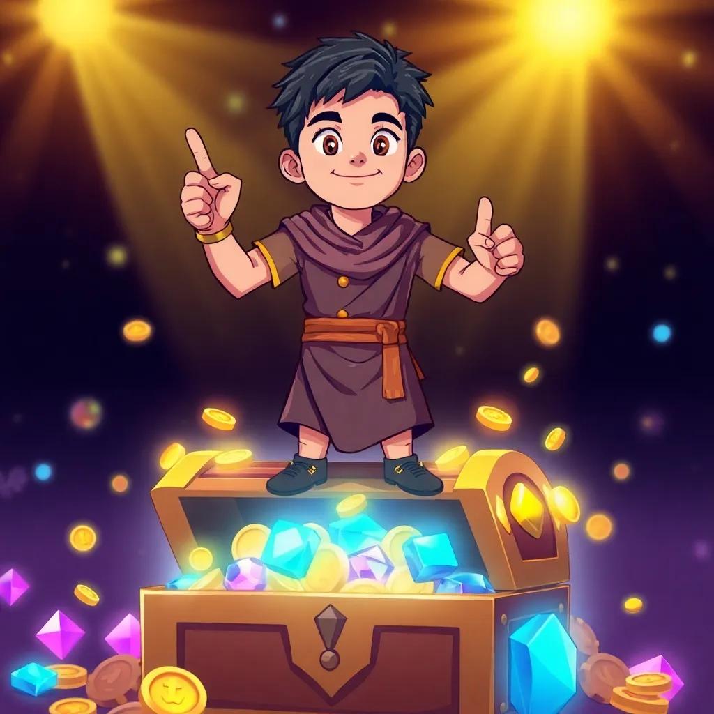 A victorious Faisal, a young Arab boy with short black hair, standing proudly on a digital treasure chest filled with bright coins and gems, colorful and enchanting atmosphere, sparkling effects, high quality