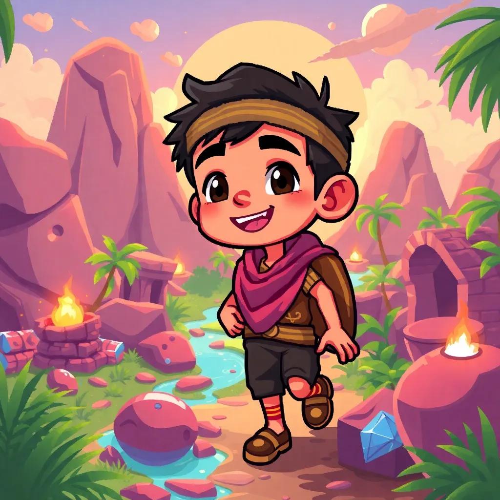 Faisal, a young Arab boy with short black hair, continuing his fun adventure in a digital landscape, filled with exciting treasures and surprises around him, vibrant and playful, high quality
