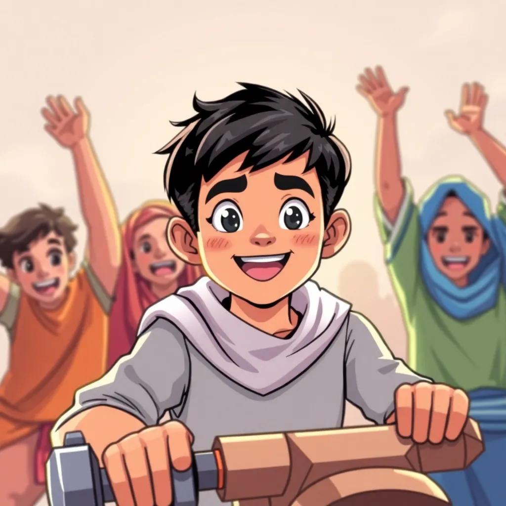 Faisal, a young Arab boy with short black hair, engaged in challenging gameplay, with friends cheering him on in the background, joyful and motivating scene, lively colors, high quality