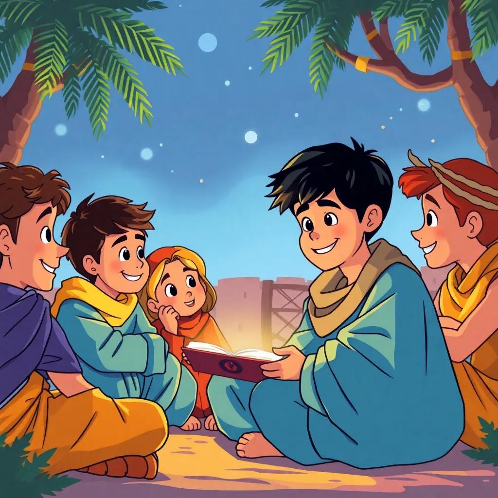 Friends gathered around Faisal, a young Arab boy with short black hair, listening eagerly to his exciting game stories, bright setting, animated and cheerful, immersive