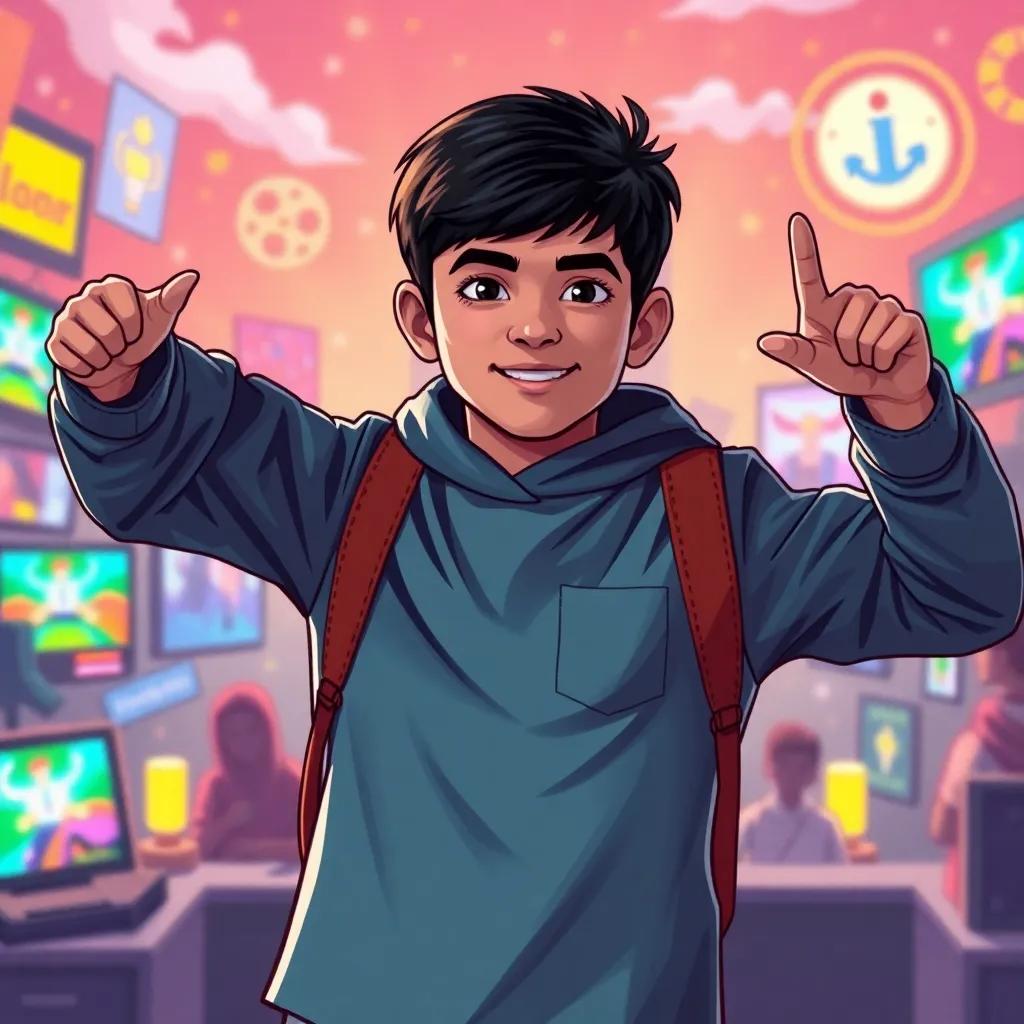 Faisal, a young Arab boy with short black hair, proudly displaying his video game achievements and posing heroically, colorful scene, inspiring atmosphere, high quality