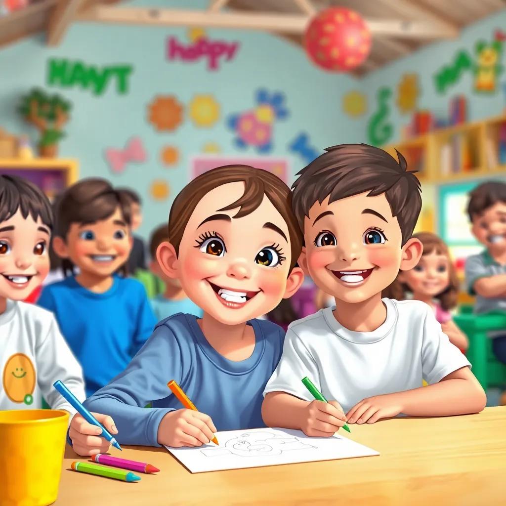 A group of children in a colorful community center, with a girl drawing, a boy named Dafeel smiling, others laughing and playing in the background, bright cheerful colors, high-quality illustration