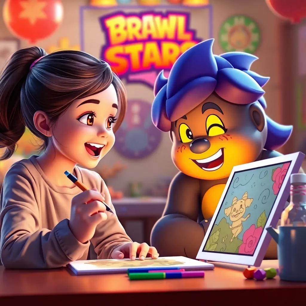 The girl drawing a picture with Dafeel looking at her art, both excited, bright colors of Brawl Stars in the background, warm lighting, fun atmosphere, digital art