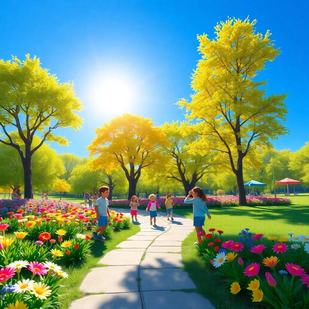 A sunny park scene with children playing around, colorful flowers in bloom, bright blue sky, cheerful atmosphere, digital art, vibrant colors, inviting landscape, high quality