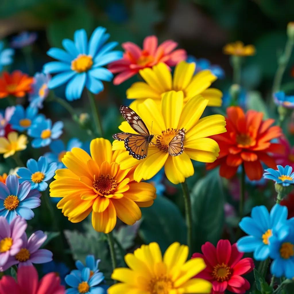 Colorful flowers in various shades of blue, yellow, and red, a beautiful butterfly perched on a yellow flower, detail-rich scene, playful setting, bright and cheerful tones, high quality