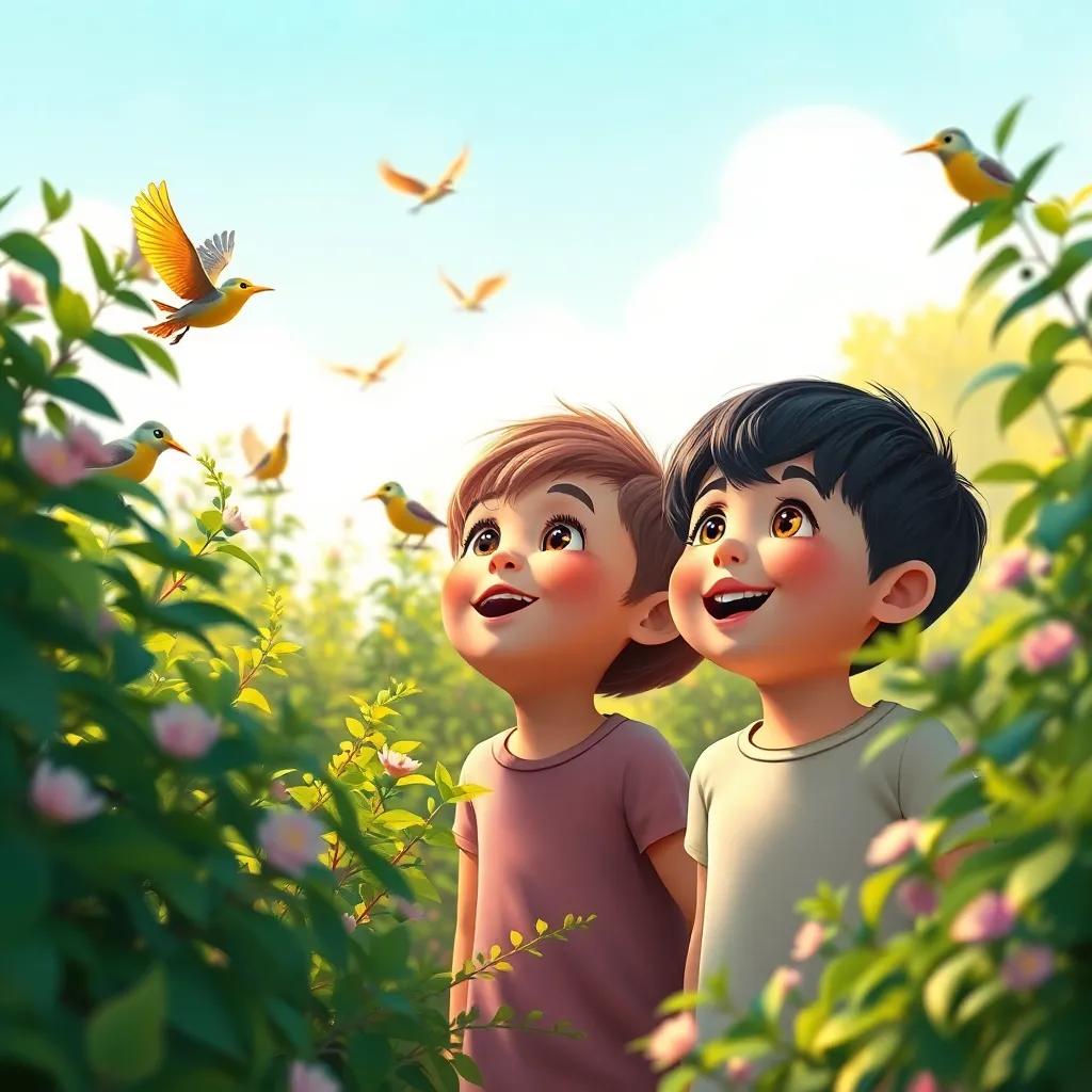 Children listening to singing birds in the bushes, looking excited, cheerful expressions, dynamic composition, warm sunlight, high quality