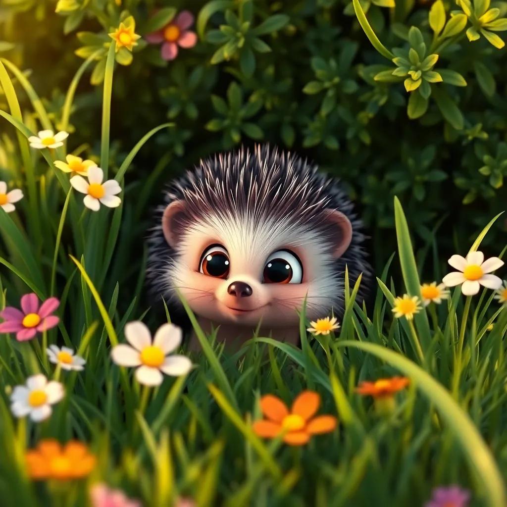 A small hedgehog with big round eyes, shyly peeking from behind a bush, surrounded by green grass, colorful flowers, warm light, endearing scene, high quality