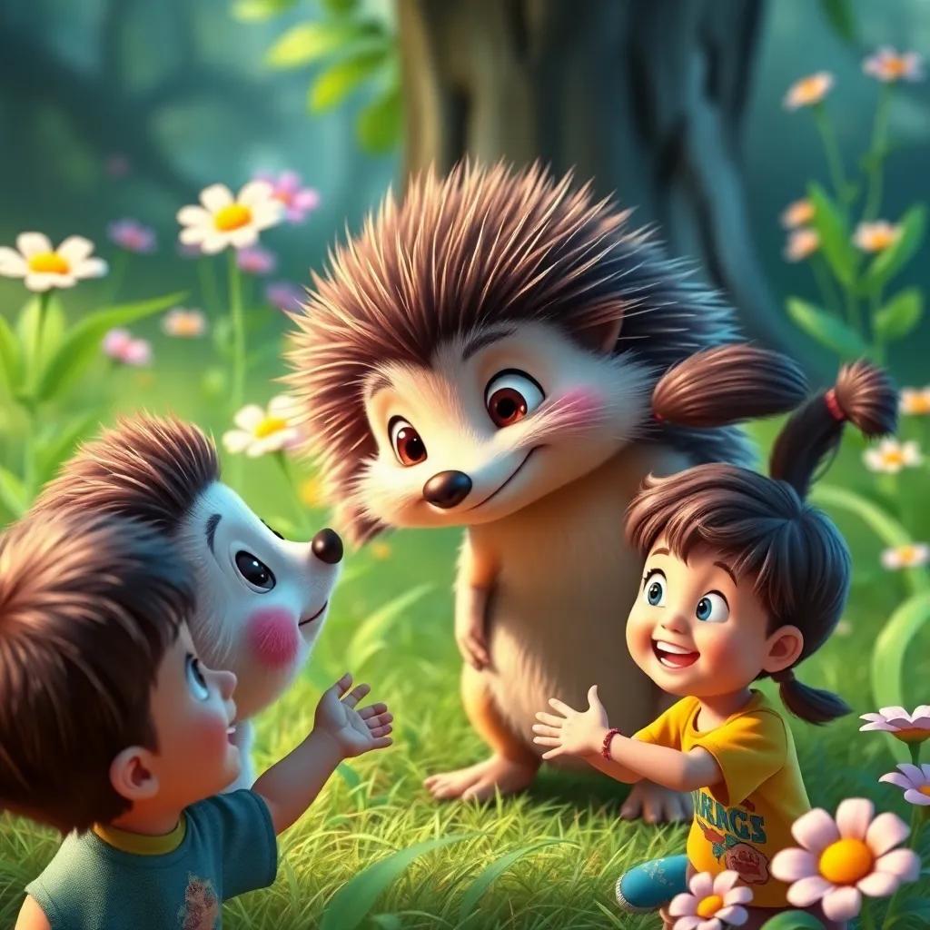 The hedgehog looking at the children with curiosity, children smiling and reaching out, friendly atmosphere, vibrant greens and flowers in the background, high quality
