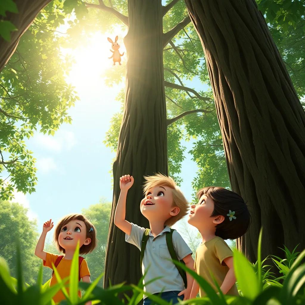 Children looking up at tall trees, searching for the rabbit, excited expressions, lush foliage, bright sun filtering through branches, high quality