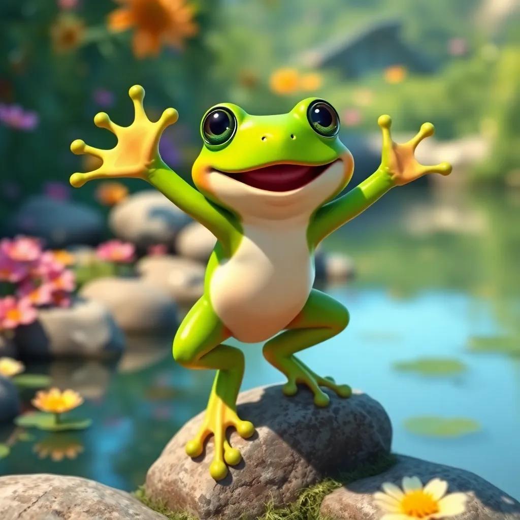 A lively frog in mid-jump, bright green color, cheerful and playful, sitting on a stone by the pond, colorful flowers around, high quality