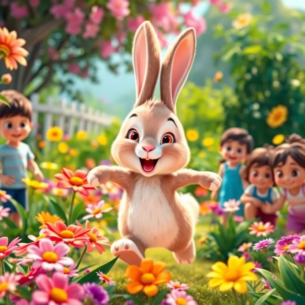 A cheerful bunny hopping among flowers in the garden, bright and playful atmosphere, surrounded by happy children, vibrant colors, high quality