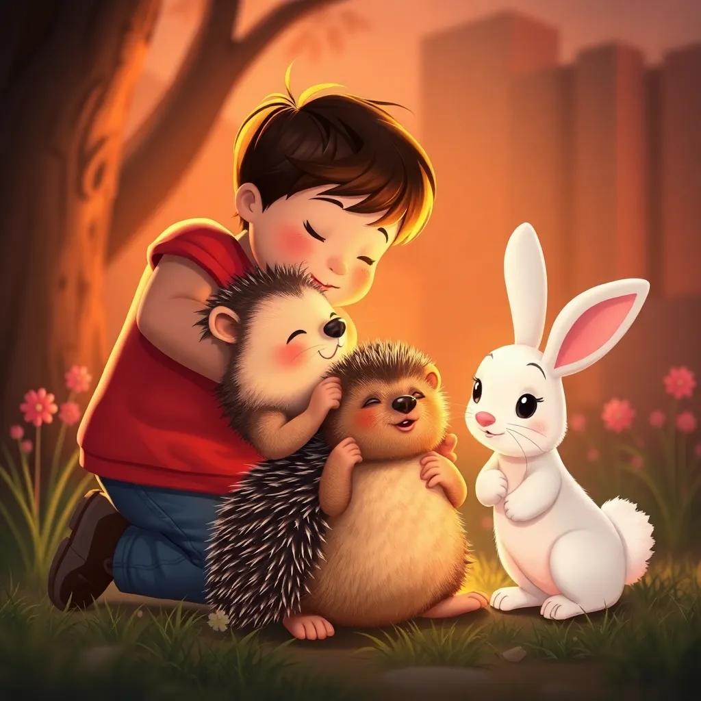 Children hugging and saying goodbye to the hedgehog and the bunny at the end of the day, warm colors, heartwarming scene, high quality