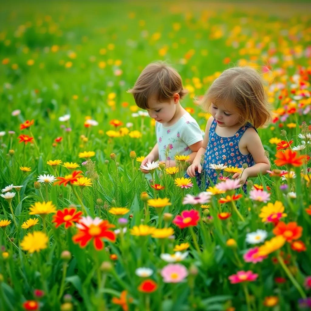 A green field with colorful flowers, two children exploring and admiring the plants, light breeze, vibrant colors, playful scene, high quality