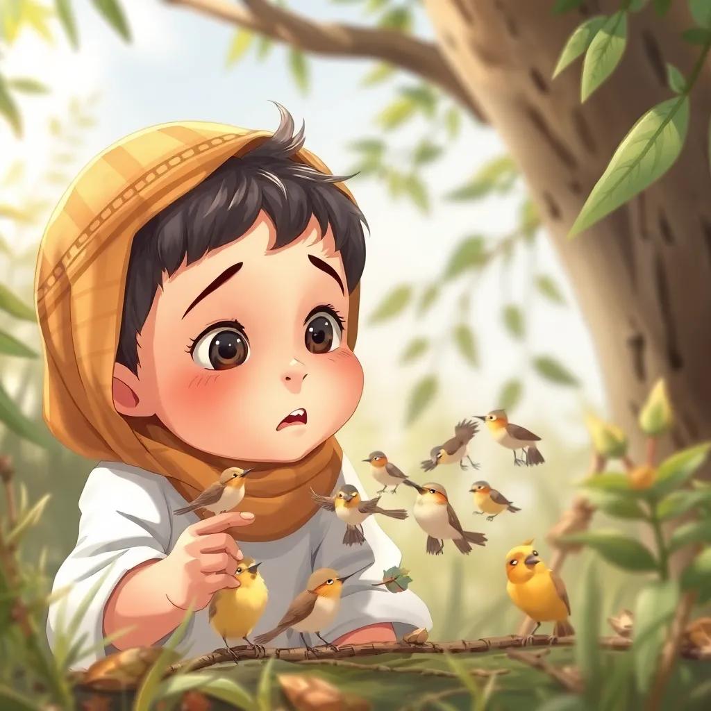 Sami trying to catch small birds, with a cute surprise expression, Reem thinking beside him, nature around them, child-friendly, detailed illustration