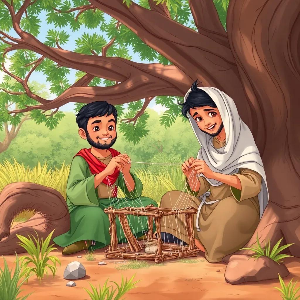 Sami and Reem building a trap with sticks and threads, sitting under a big tree, surrounded by nature, bright and cheerful, illustration