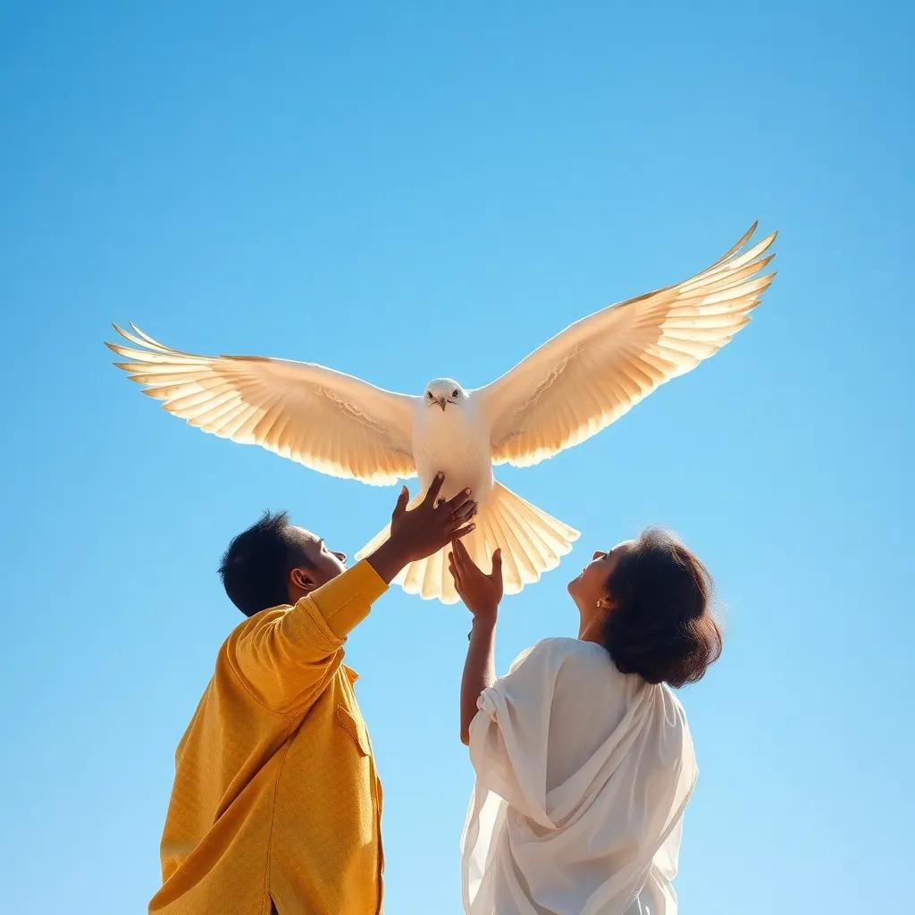 The bird being released by Sami and Reem, flying towards the bright sky, symbolizing freedom and joy, clear blue sky, uplifting scene, illustration
