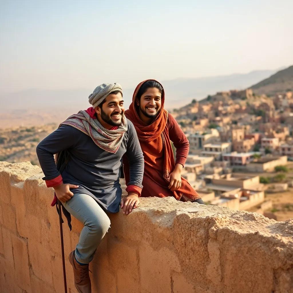 Sami and Reem climbing the wall again, smiling and laughing, feeling a sense of adventure, village in the background, warm colors, detailed