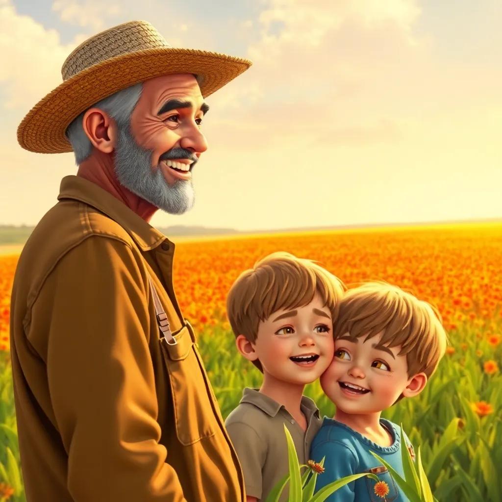 The farmer watching over his fields, smiling while talking to the children, happy expressions, colorful field in the background, warm light, illustration