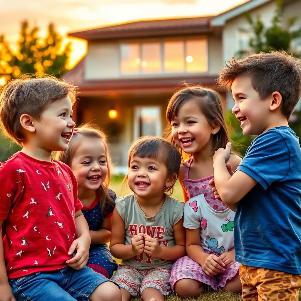 The children talking excitedly about their adventures, joyful expressions, home in the background, sunset colors, heartwarming