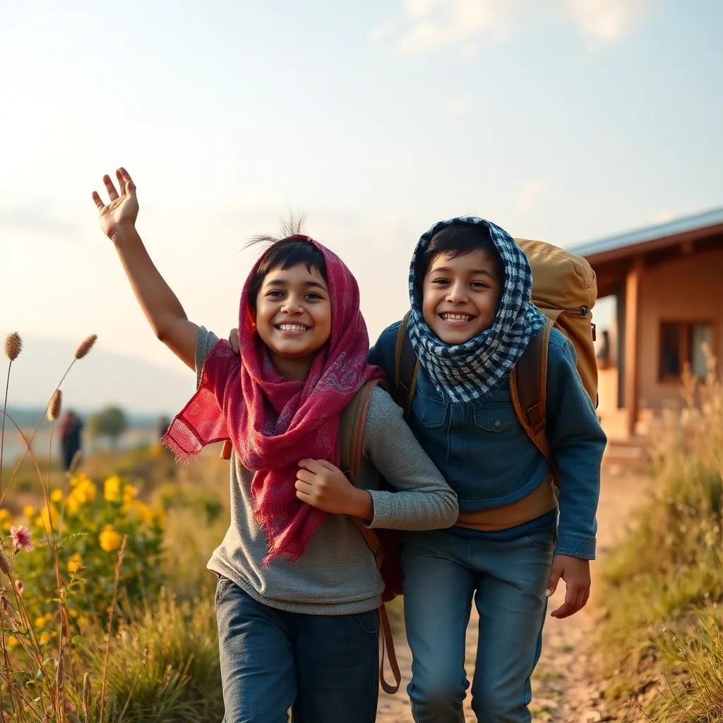 Sami and Reem returning home with joy in their hearts, surrounded by nature, feeling a sense of accomplishment, colorful scene, child-friendly, joyful ambiance