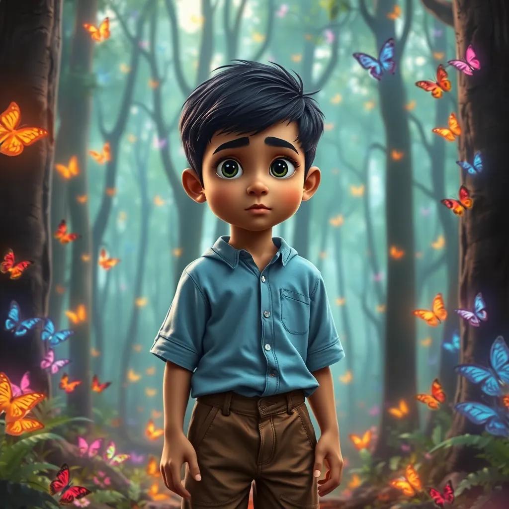 A young Arab boy, Sami, with short black hair and wearing a light blue shirt and brown shorts, standing in a dense, magical forest filled with tall trees and colorful butterflies, looking confused and lost, digital art, vibrant colors, enchanting atmosphere, detailed view, storytelling perspective, high quality