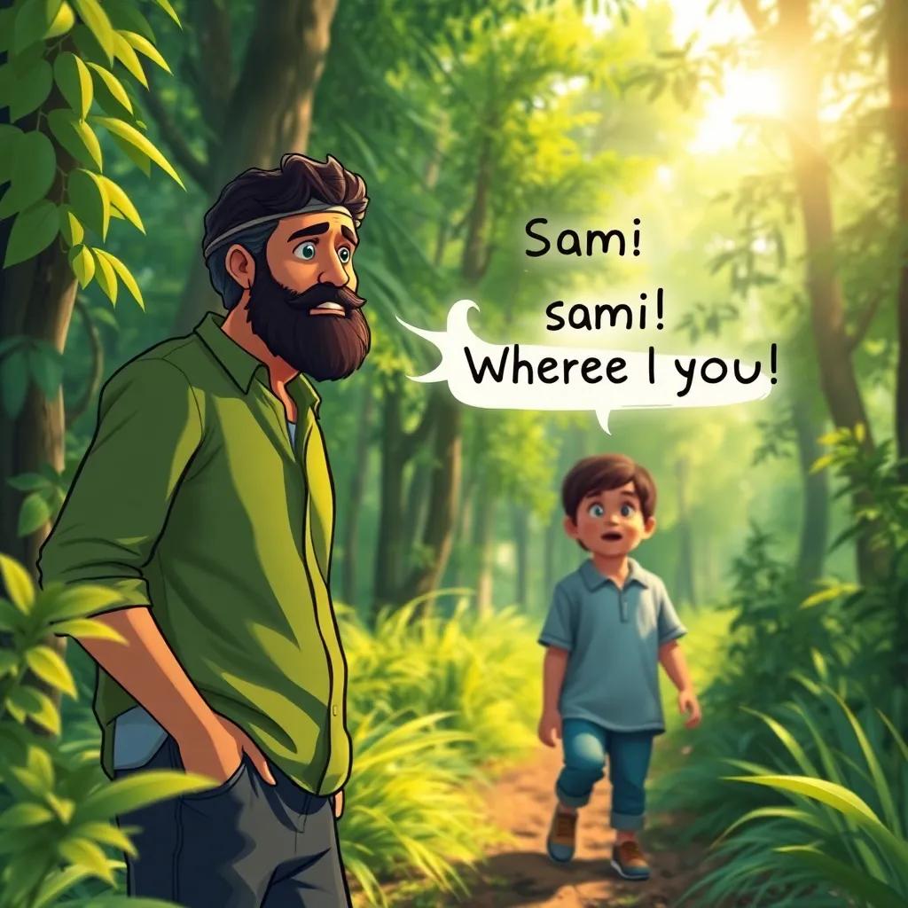 A worried Arab father, with a beard and wearing a green shirt and jeans, searching for his son in a lush green forest, calling out 'Sami! Where are you?', with bright sunlight filtering through the trees, illustration, concerned expression, warm colors, adventure-themed, child-friendly