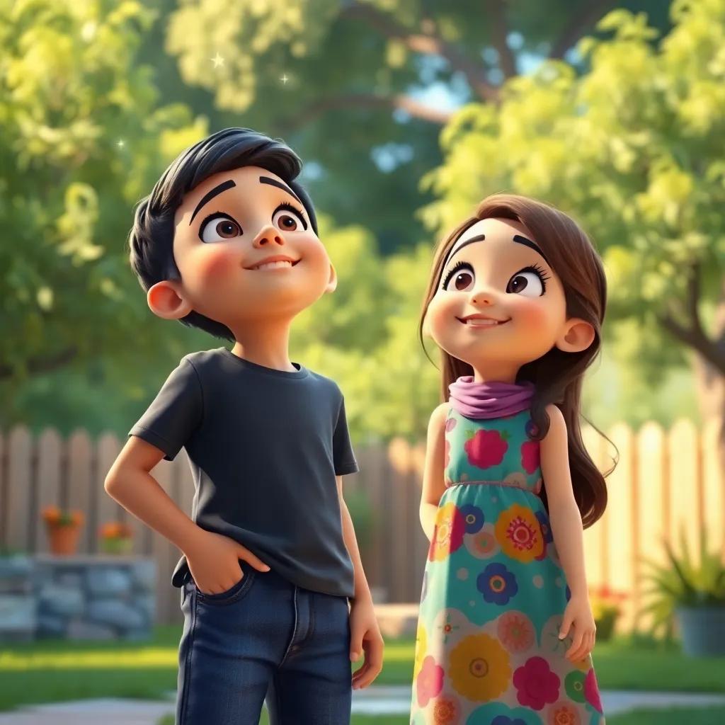 A young Arab boy, Sami, with short black hair wearing a t-shirt and jeans, looking up excitedly at the stars with his sister, Fatima, a young Arab girl with long hair wearing a colorful dress, surrounded by a sunny backyard and trees, digital art, bright colors, joyful atmosphere, high quality
